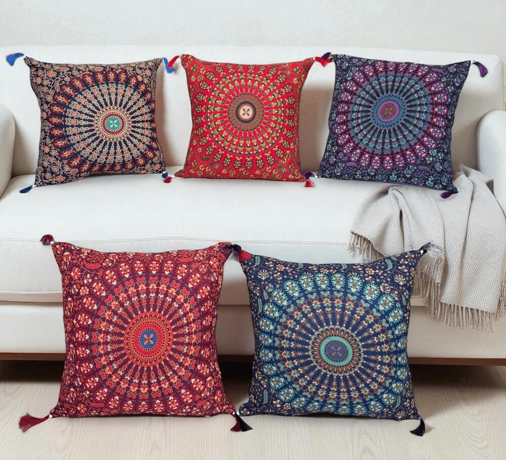 1011 Set of 5 Boho Throw Pillow Covers 18x18 Inches – Colorful Mandala